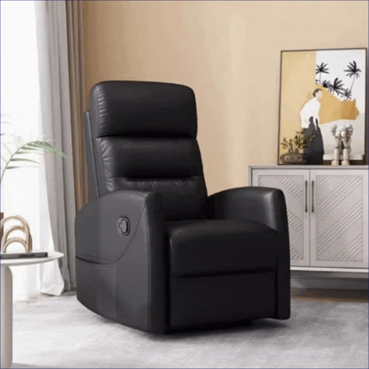 Modern black recliner chair in living room corner