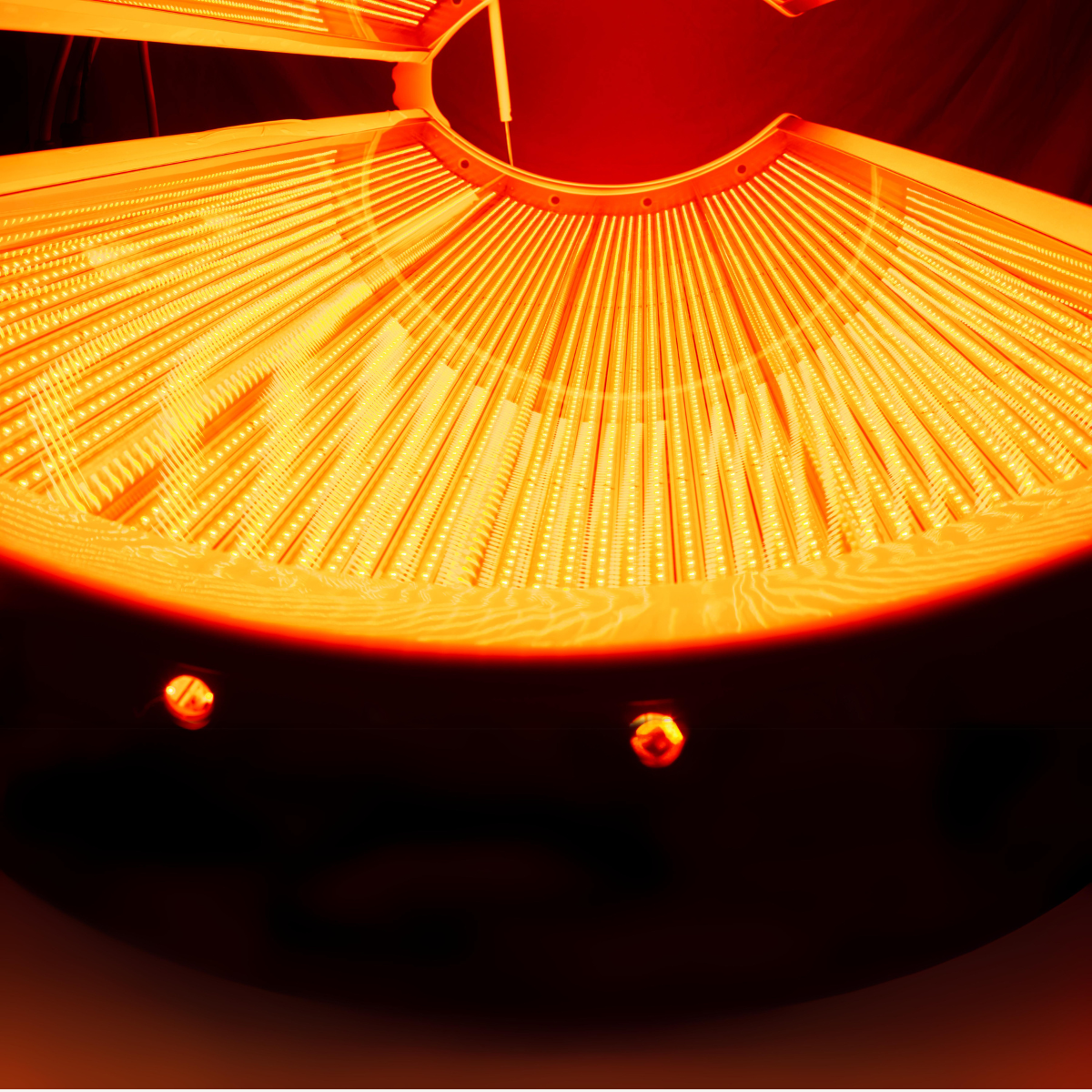 Close-up of red light therapy bed with LED infrared panels for full-body wellness
