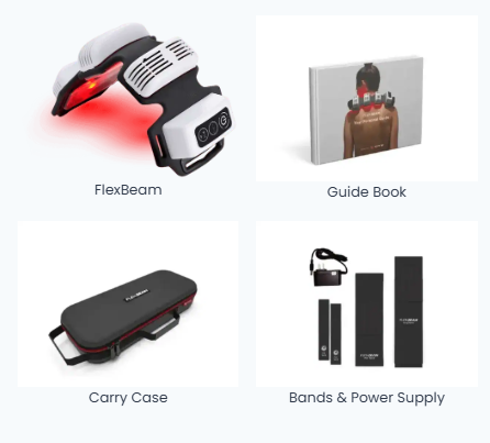 FlexBeam device with accessories including a guide book, carry case, and power supply on a white background.