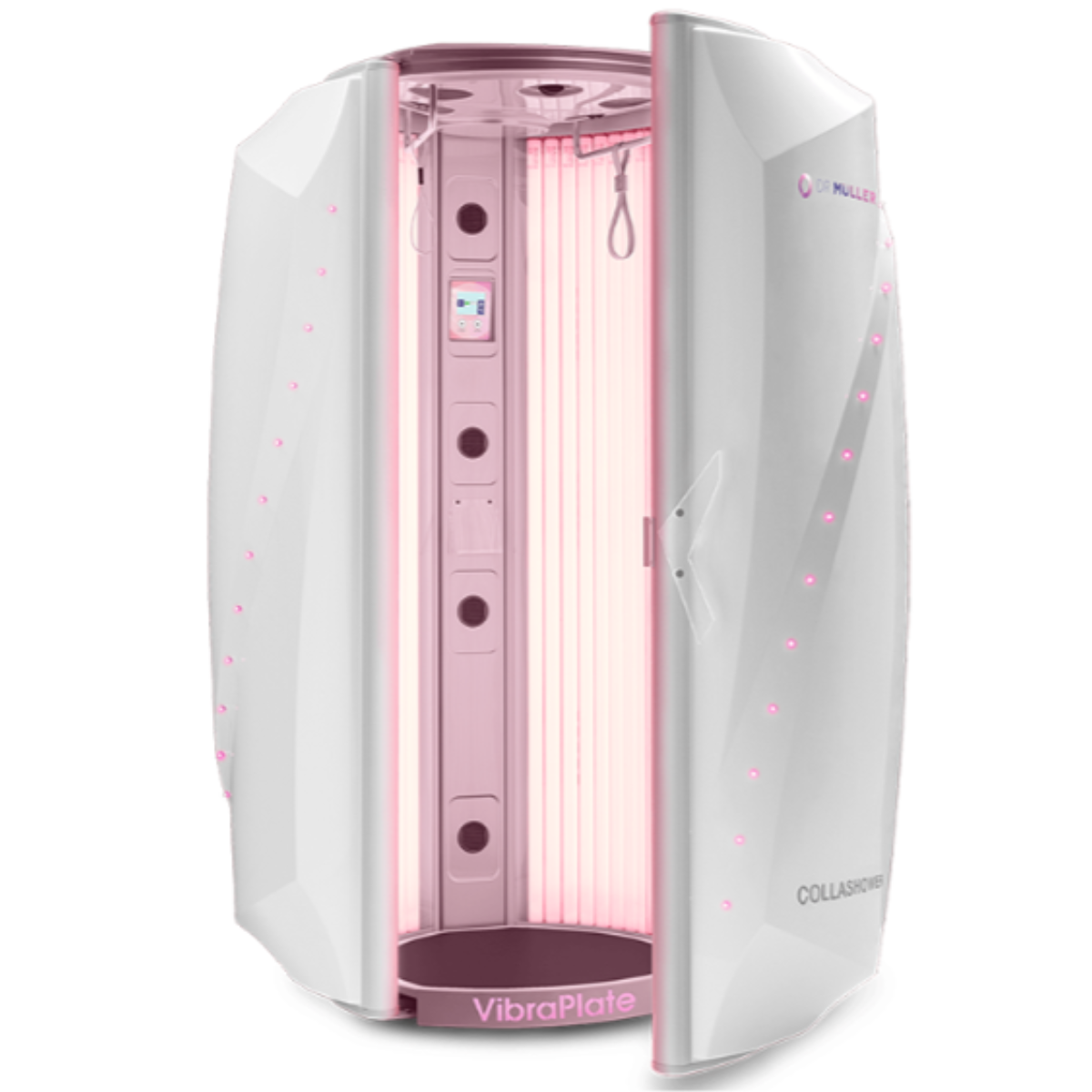 Vertical red light therapy booth with VibraPlate base for full-body skin rejuvenation