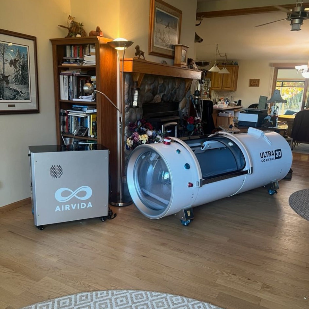 Airvida Ultra 30 hard hyperbaric oxygen chamber in home therapy setup with concentrator