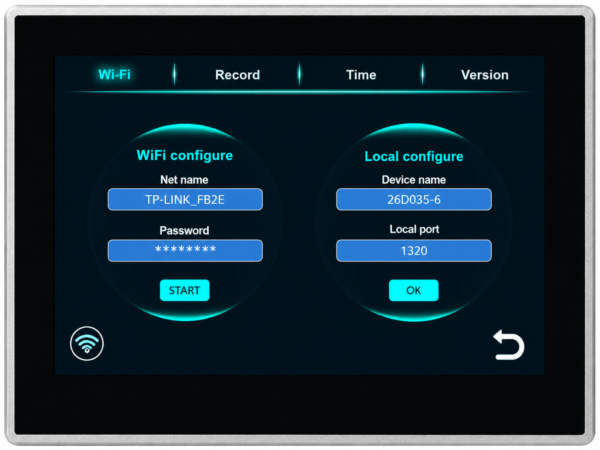Touchscreen interface displaying Wi-Fi setup, device configuration, network settings, and local connection options.