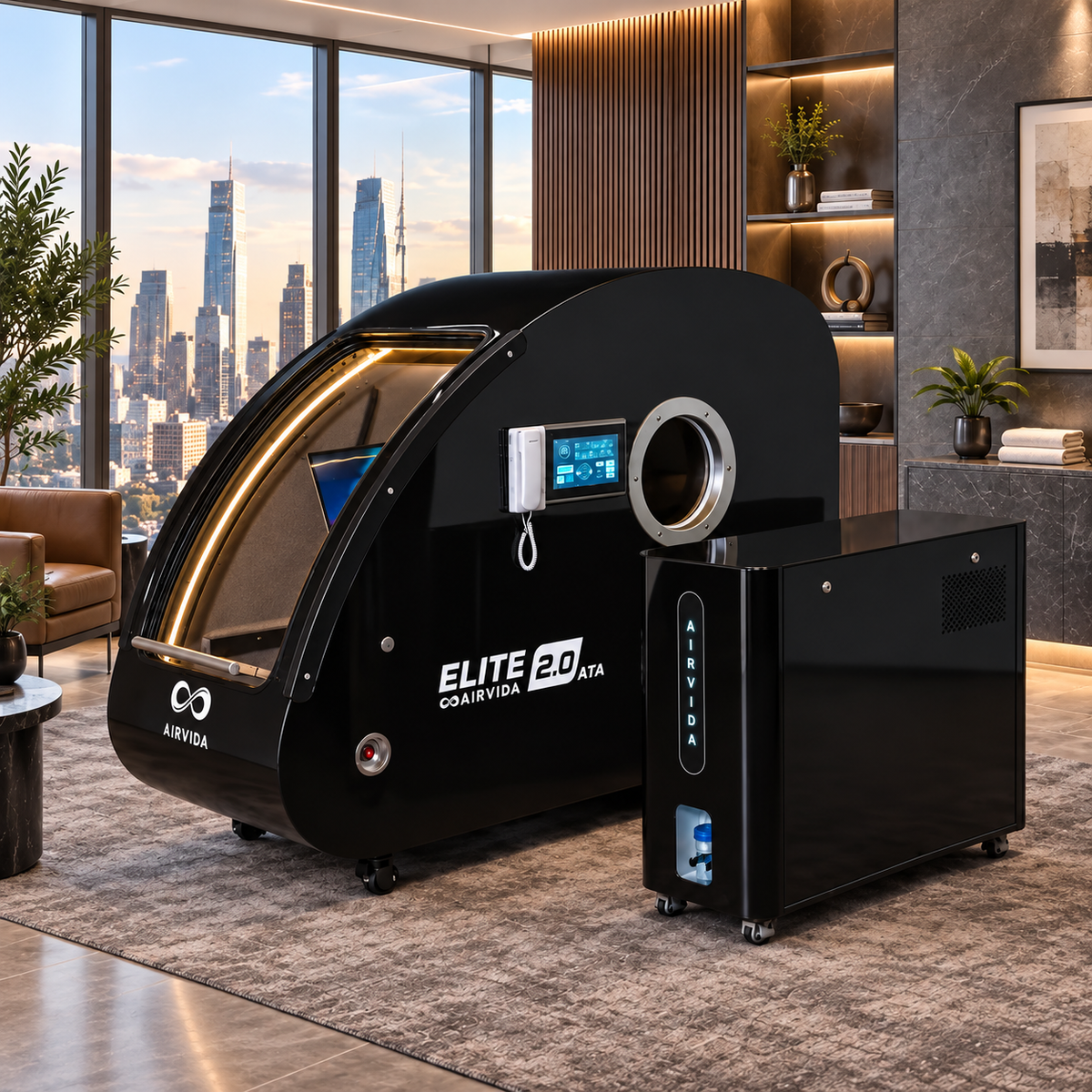 Black Airvida Elite 2.0 ATA hyperbaric chamber with touchscreen and oxygen unit displayed in a luxury modern wellness room overlooking a bright city skyline.