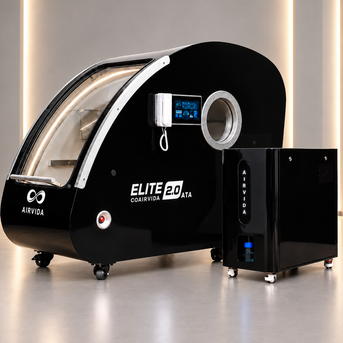 Black Airvida Elite 2.0 ATA hyperbaric chamber with touchscreen, viewing port and oxygen system, displayed in a sleek modern wellness studio with soft lighting.