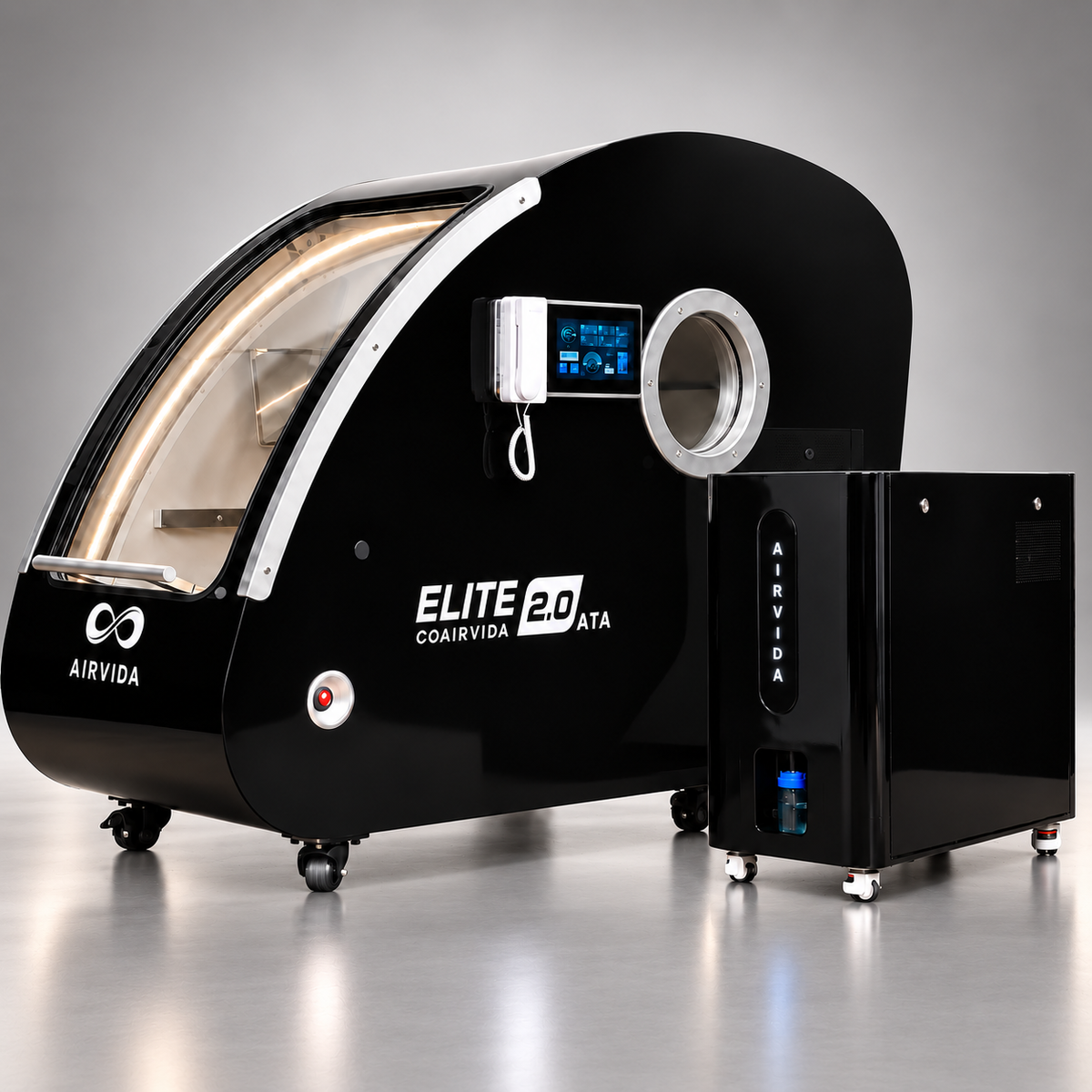 Black Airvida Elite 2.0 ATA hyperbaric chamber with touchscreen controls and matching oxygen system, presented in a sleek modern studio setting for wellness.
