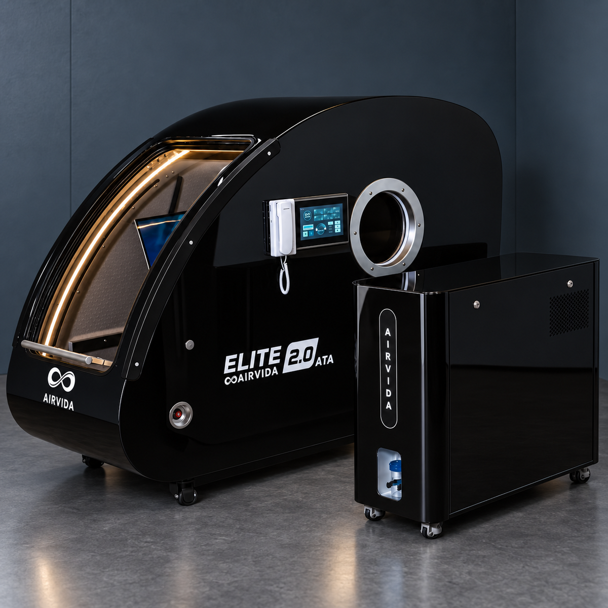 Black Airvida Elite 2.0 ATA hyperbaric chamber with touchscreen, round access port and matching oxygen unit on wheels in a sleek modern wellness room setting.