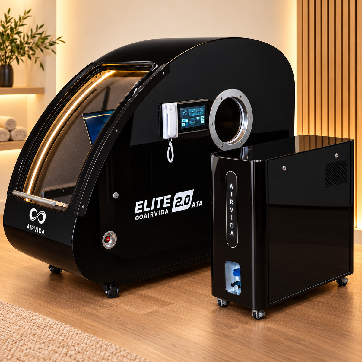 Black Airvida Elite 2.0 ATA hyperbaric chamber with touchscreen and matching oxygen unit on wheels, displayed in a modern wellness room with warm ambient lighting.