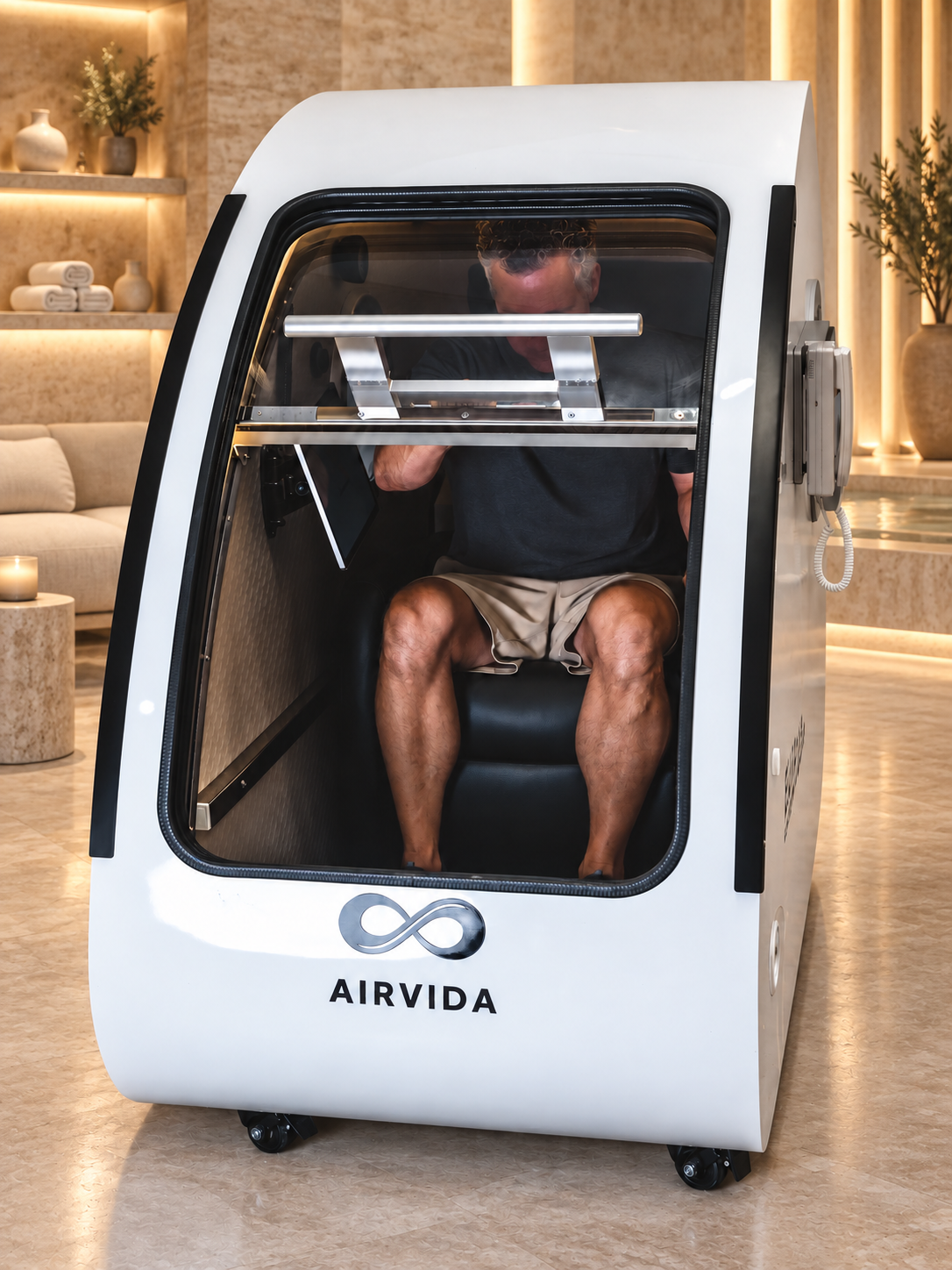 Man seated inside a white Airvida hyperbaric chamber, viewed through its clear front door, in a warmly lit modern wellness room with spa decor and plants.