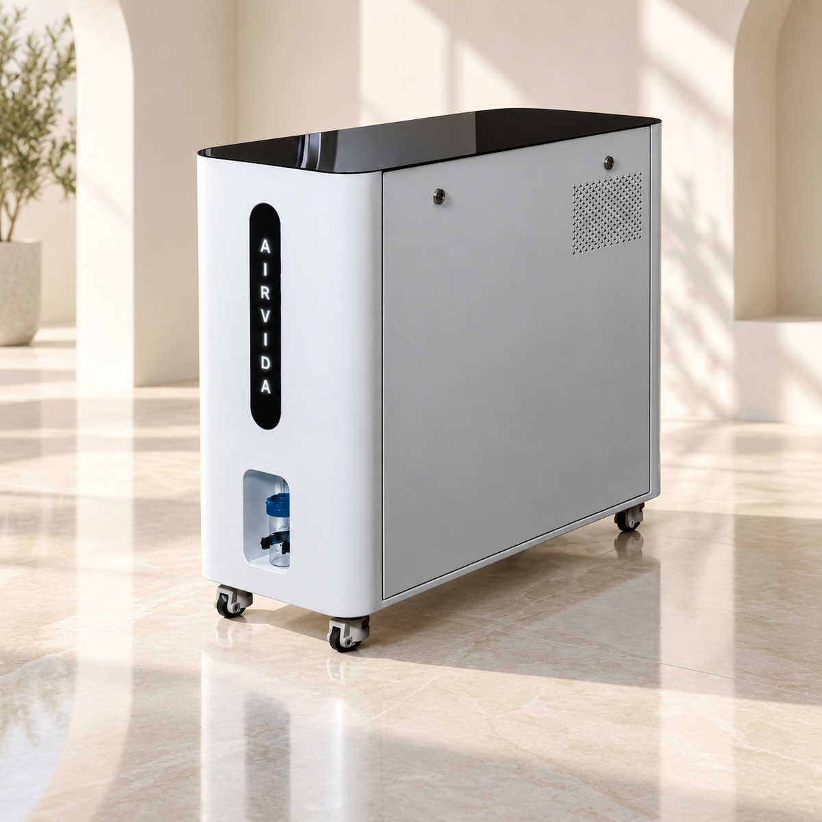 White Airvida oxygen system unit on caster wheels with black top, illuminated logo, ventilation panel, and front connector in a bright modern wellness room spa.