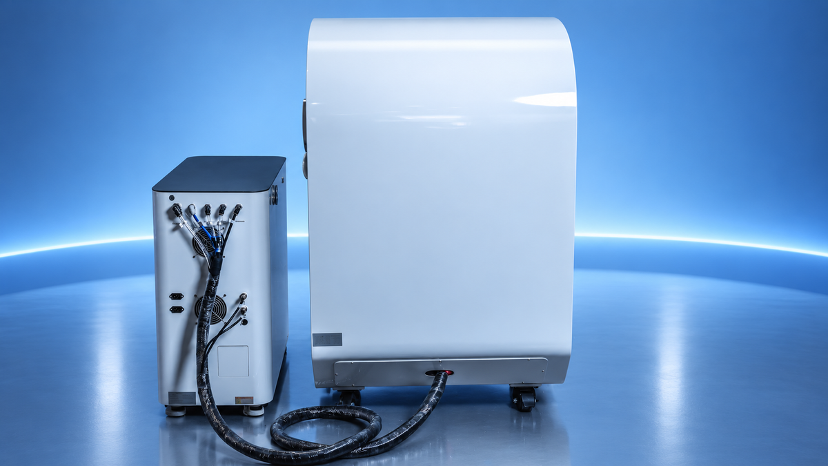 Rear view of a white Airvida hyperbaric chamber connected to its oxygen system by hoses and cables, displayed in a clean blue studio with modern lighting.