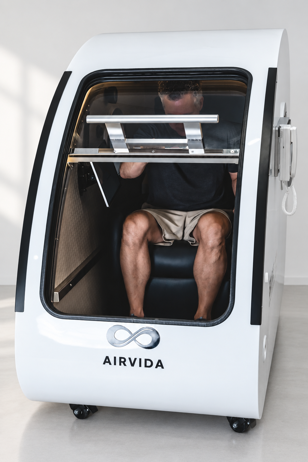 Man seated inside a white Airvida hyperbaric chamber with clear curved door, cushioned chair and interior equipment during a comfortable wellness session.