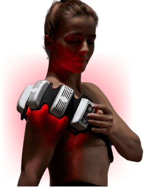 Person wearing a FlexBeam Portable Red Light Therapy Device on a white background