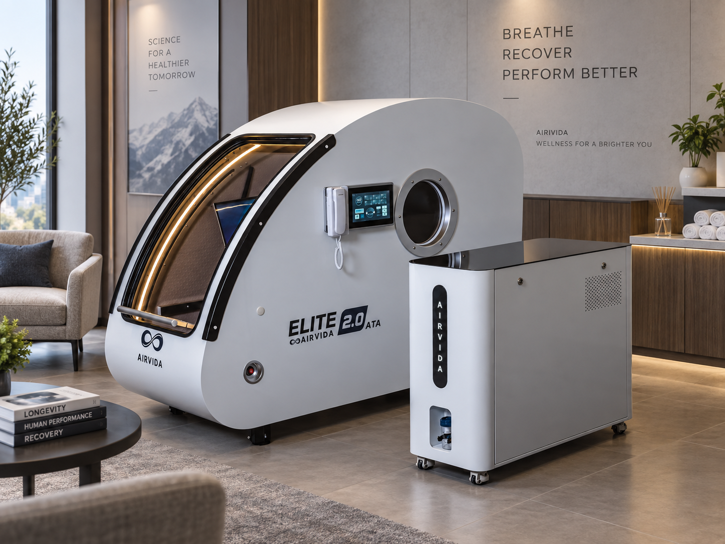 White Airvida Elite 2.0 hyperbaric chamber with control unit in a modern wellness room featuring warm wood accents, seating, plants, and recovery decor.