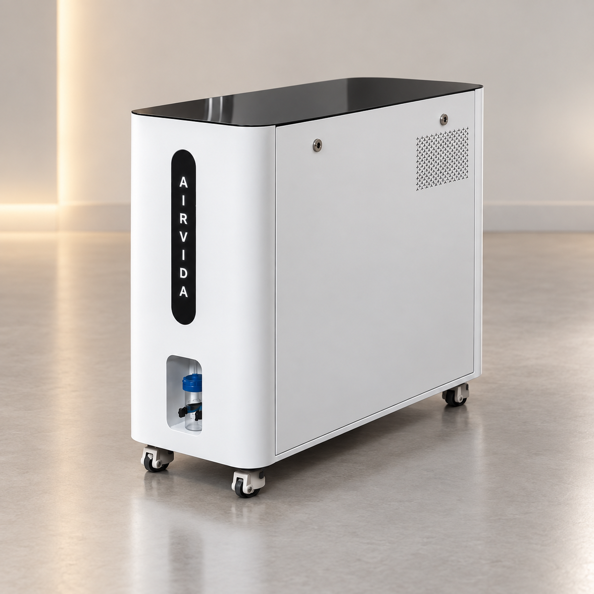 White Airvida oxygen system with black top, illuminated vertical logo, front connector, side ventilation panel and caster wheels in a clean modern wellness room.