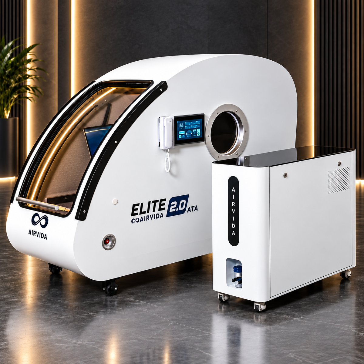 White Airvida Elite 2.0 ATA hyperbaric chamber with touchscreen and oxygen unit on wheels, displayed in a sleek wellness room with warm accent lighting.