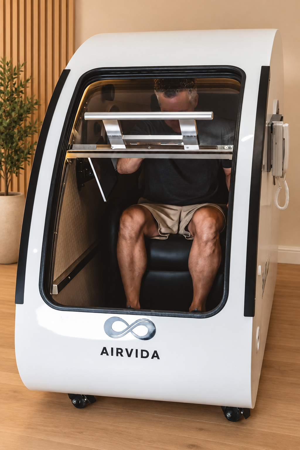 Man seated inside a white Airvida hyperbaric chamber with a clear front door, padded seat, metal support bars and side controls in a warm modern wellness room.