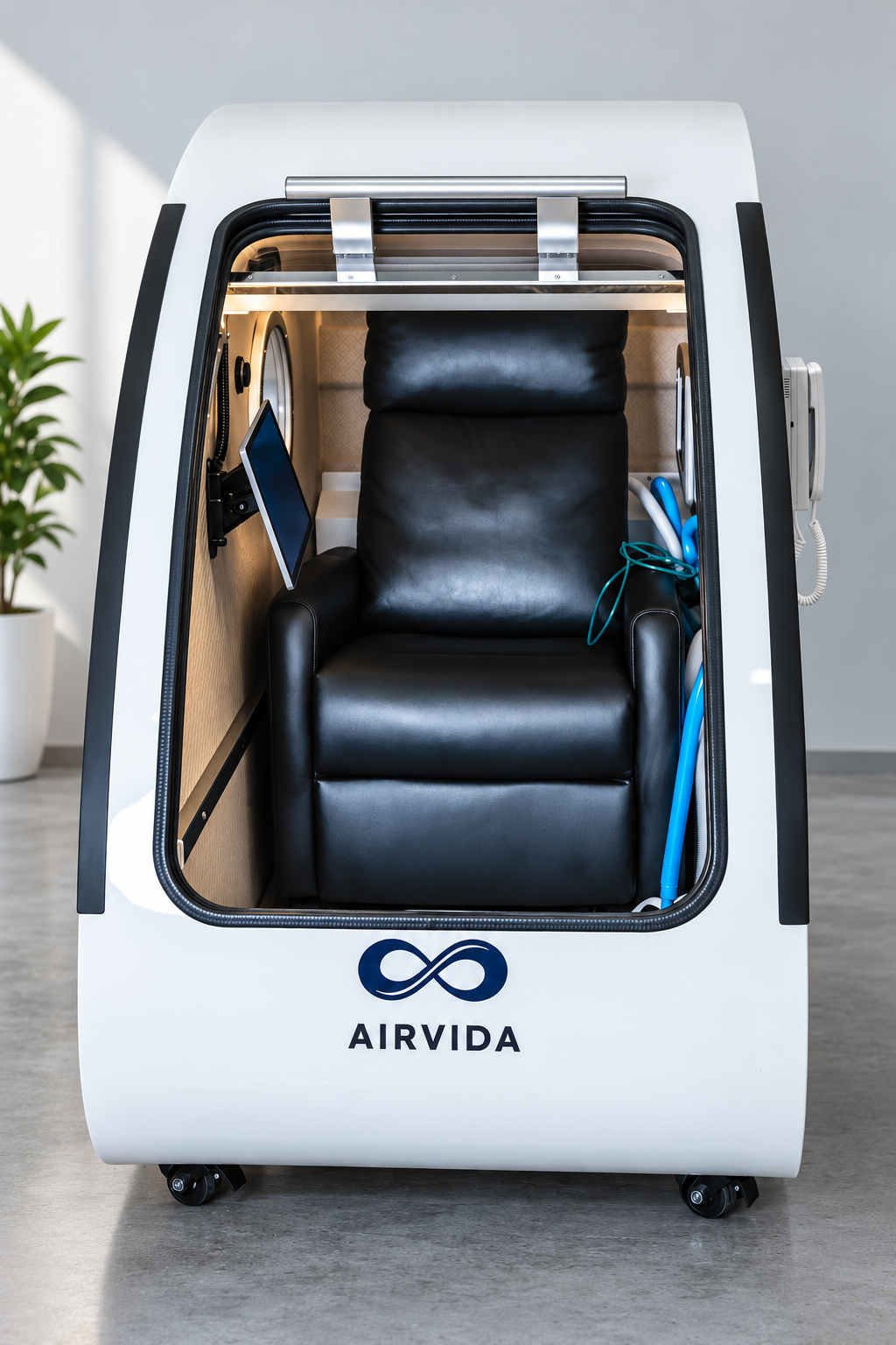 Open white Airvida hyperbaric chamber showing a black reclining chair, mounted screen and interior accessories, displayed in a bright modern wellness room.