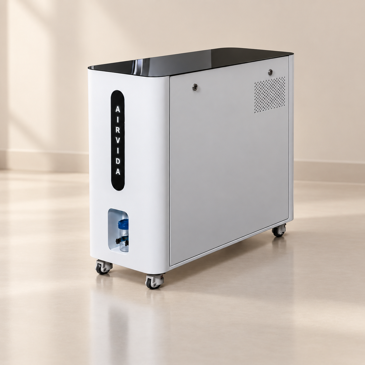 White Airvida oxygen system on caster wheels with glossy black top, illuminated logo, front connector, and side ventilation panel in a clean wellness room.
