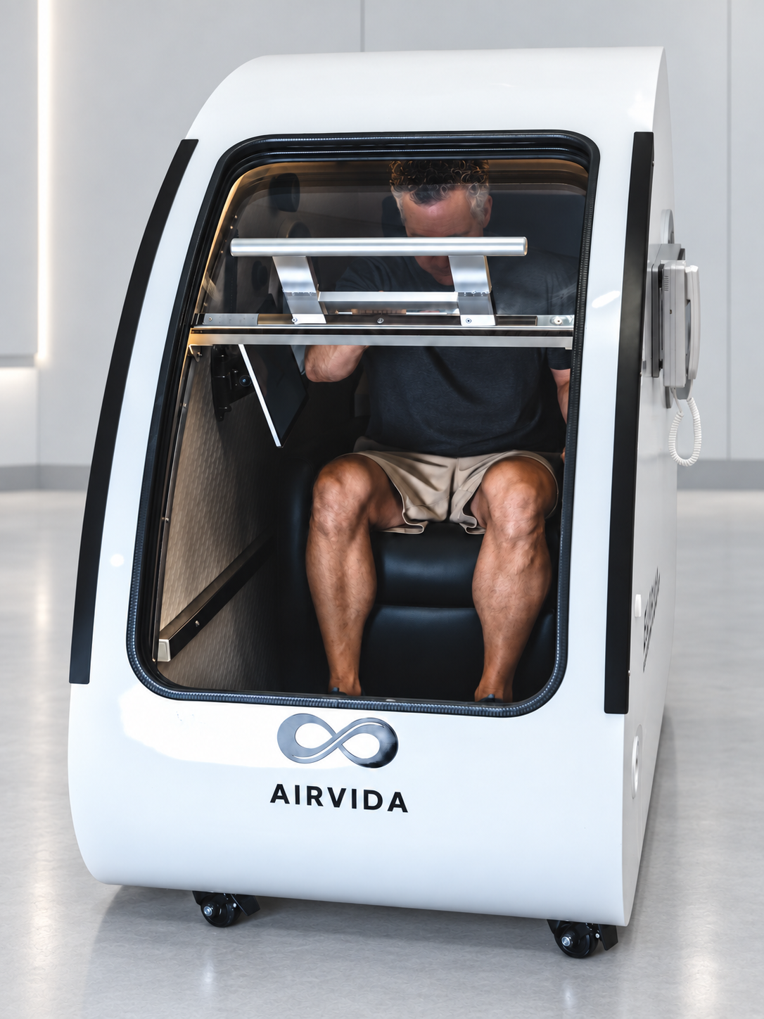 Man seated inside a white Airvida hyperbaric chamber with clear front door, padded seat, metal support bars, and side controls in a modern wellness room center.
