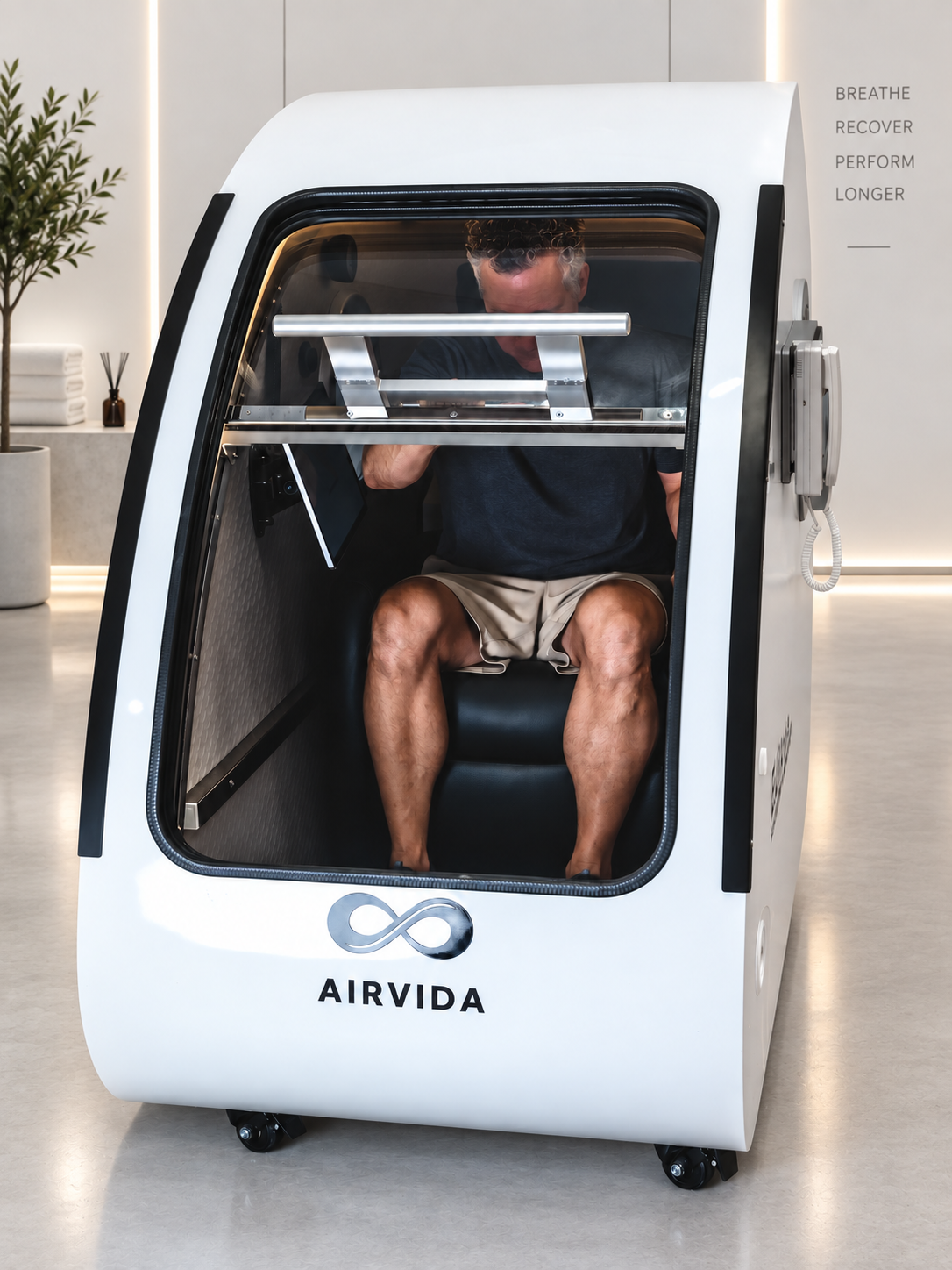 Man seated inside a white Airvida hyperbaric chamber, showing its clear front window, interior seat and safety bars in a bright, modern wellness center setting.