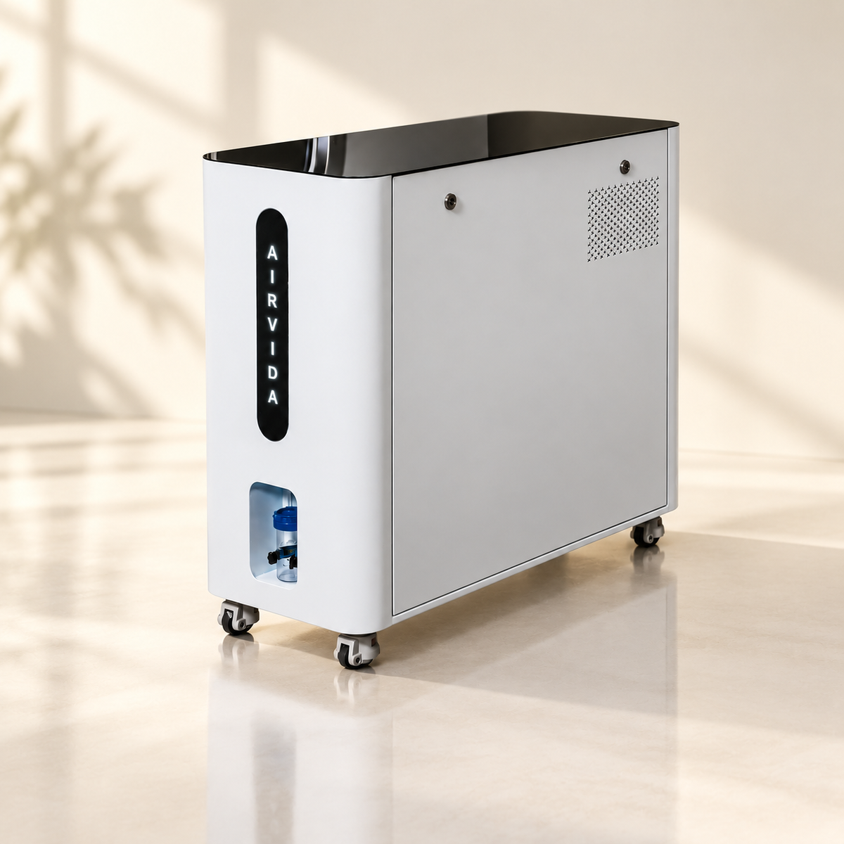 White Airvida oxygen system on caster wheels with a glossy black top, illuminated logo, front connector, and ventilation panel in a bright wellness room.