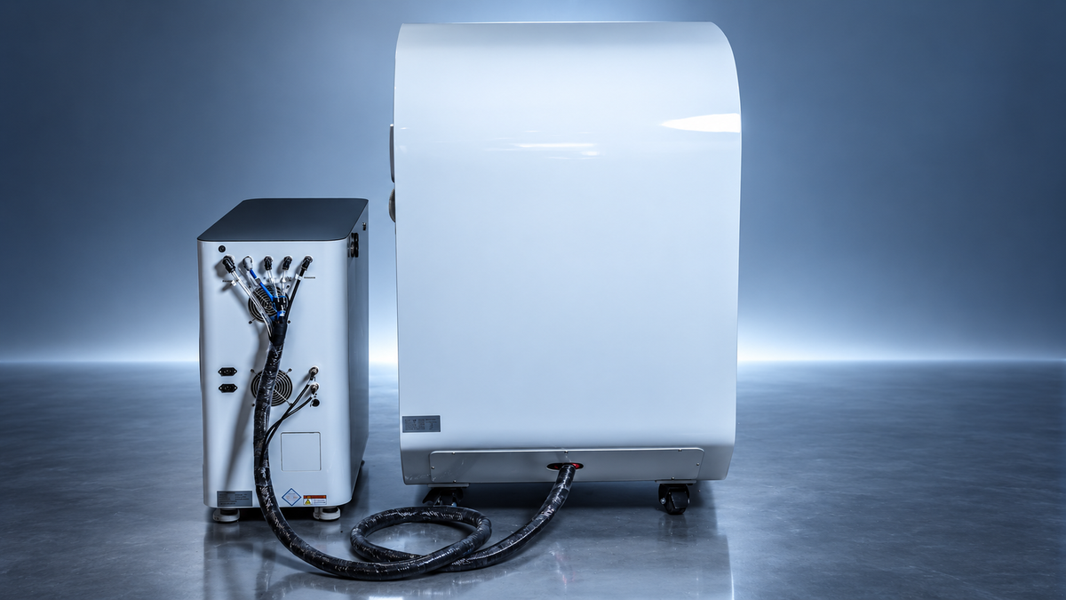 Rear view of a white Airvida hyperbaric chamber connected by hoses to its external oxygen system, showing cables, ports, ventilation, and wheeled equipment.