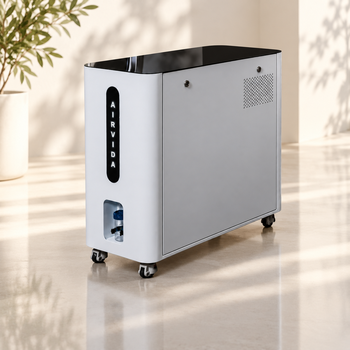 White Airvida oxygen system on caster wheels with a glossy black top, illuminated logo, ventilation panel, and front connector in a bright modern wellness space.