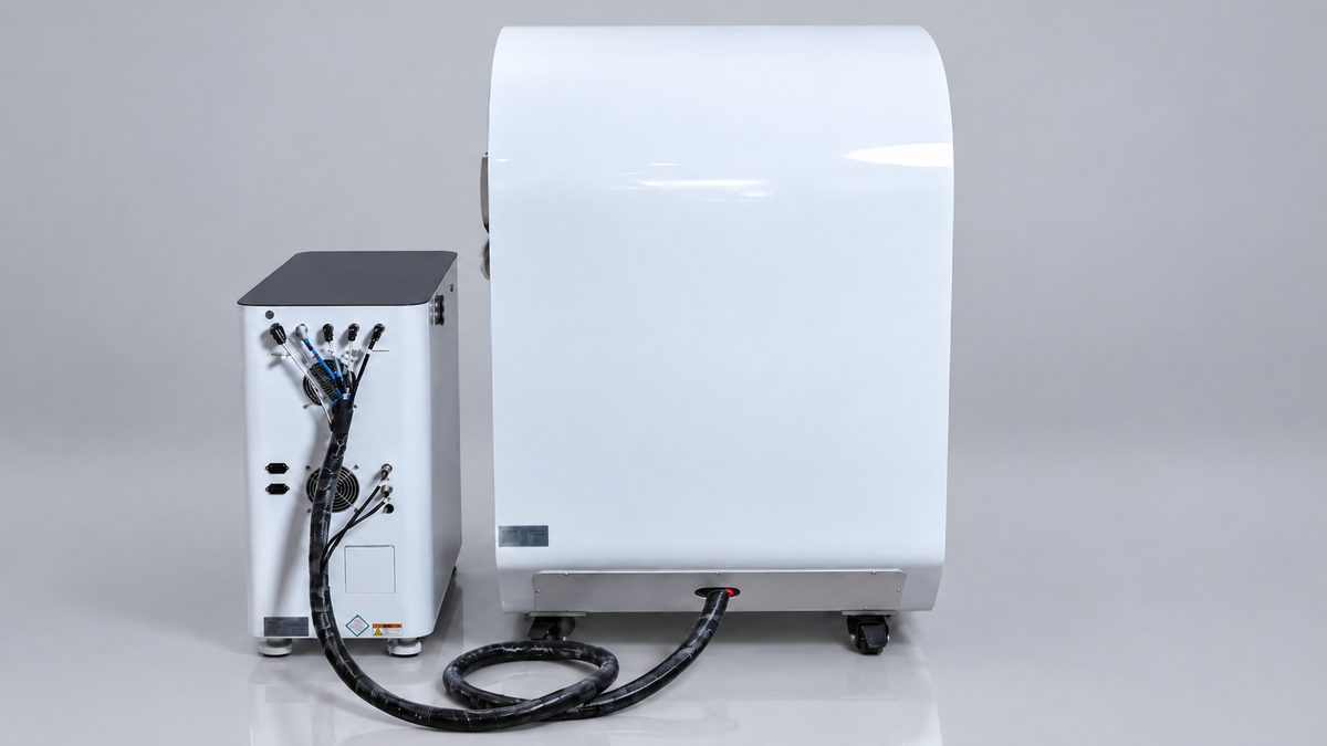 Rear view of a white Airvida hyperbaric chamber connected to its external oxygen system, showing hoses, cables, ports, wheels, and equipment connections.