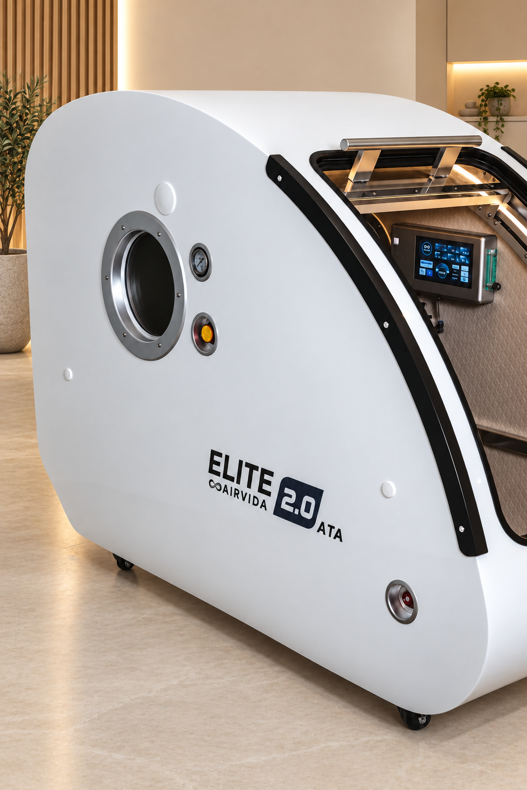 Side view of a white Airvida Elite 2.0 ATA hyperbaric chamber showing its round viewing port, touchscreen controls, clear entry door, and sturdy wheeled base.