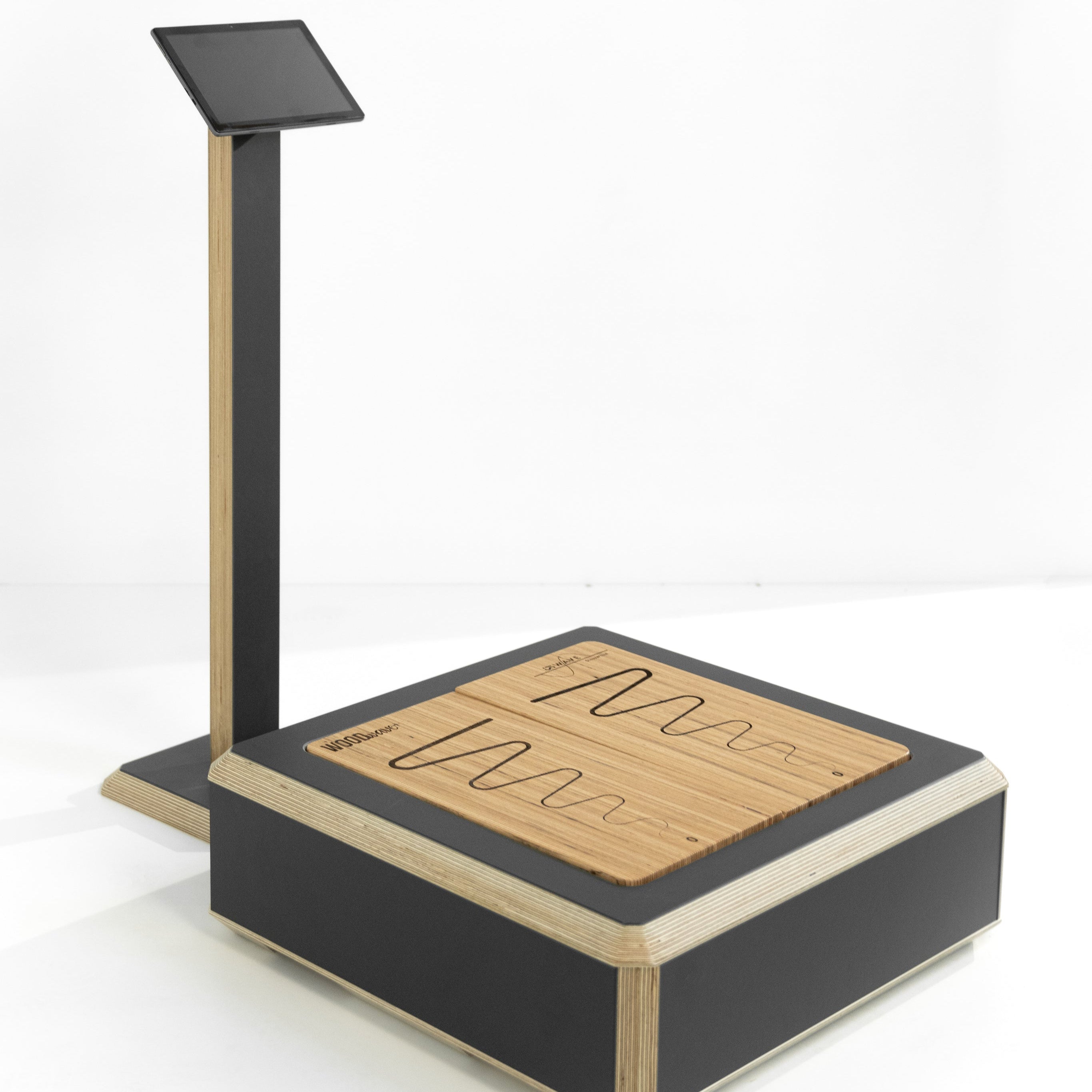 Black and wooden electronic device on a white background
