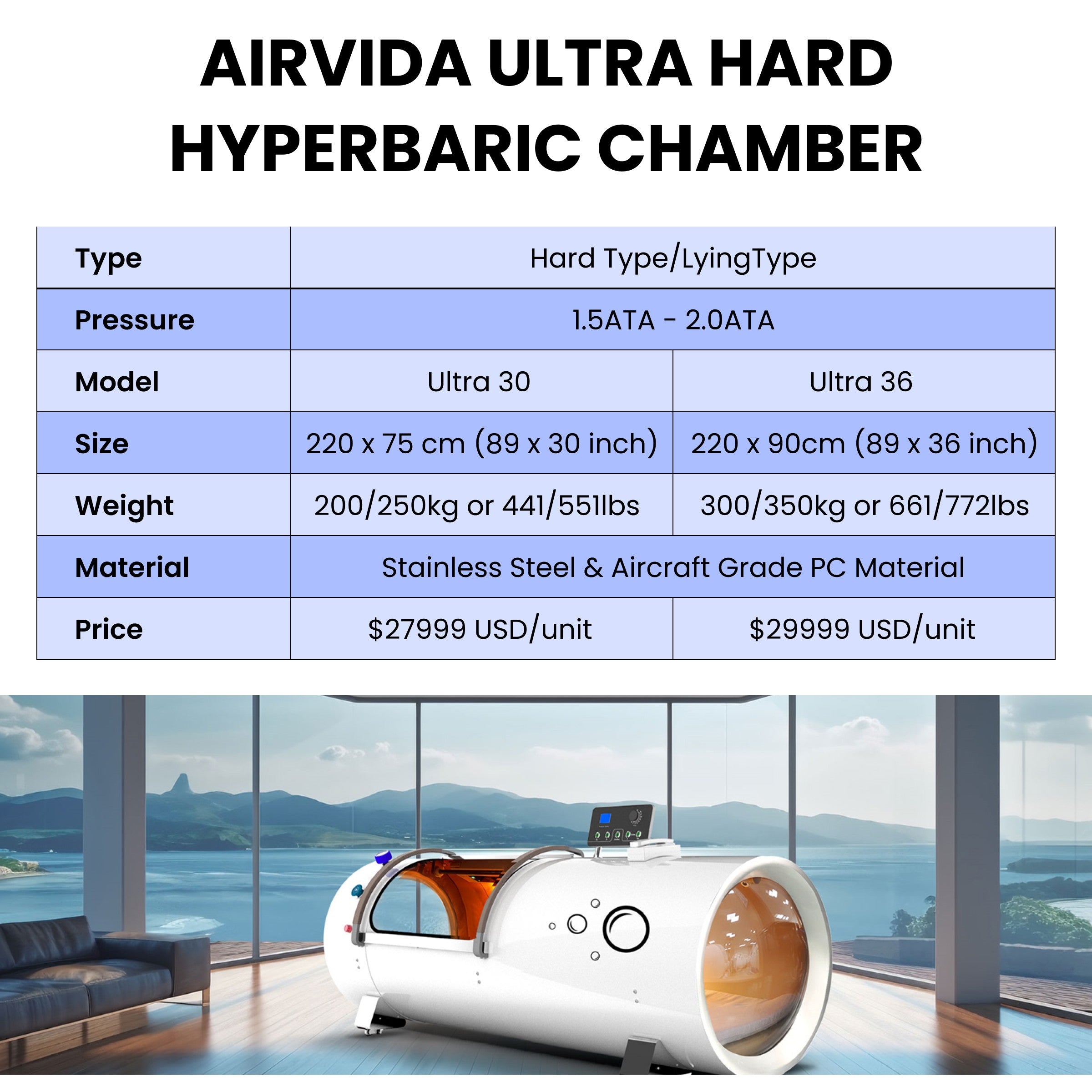 Airvida 2.0 ATA Hard Shell Lying Hyperbaric Chamber With 1.3 / 1.5 / 1.7 / 2.0 ATA