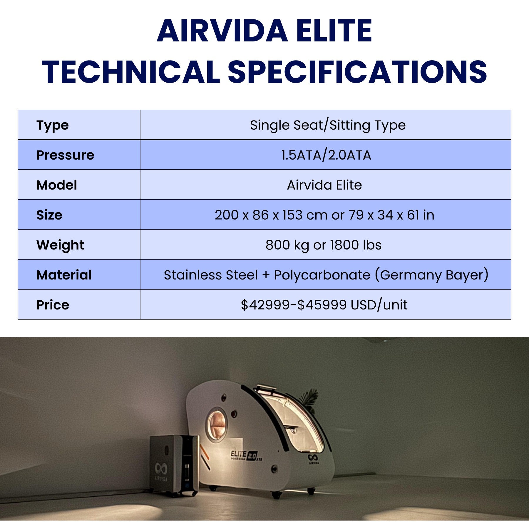 Hard Shell Sitting Hyperbaric Chamber 1.3 / 1.5 / 1.7 / 2.0 ATA From Airvida Chambers