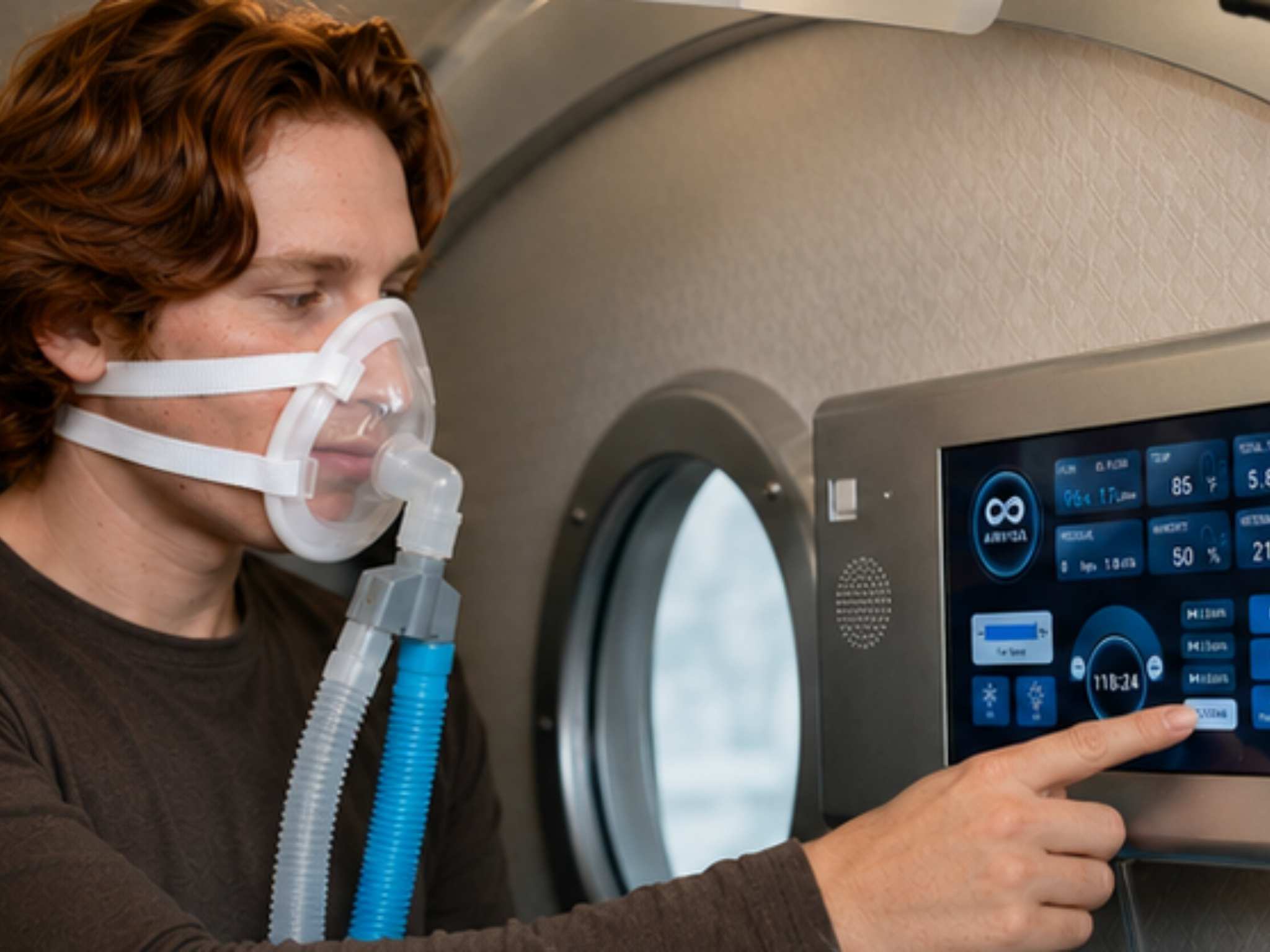 Person wearing an oxygen mask inside a seated hyperbaric oxygen chamber adjusts touchscreen controls during a therapy session.