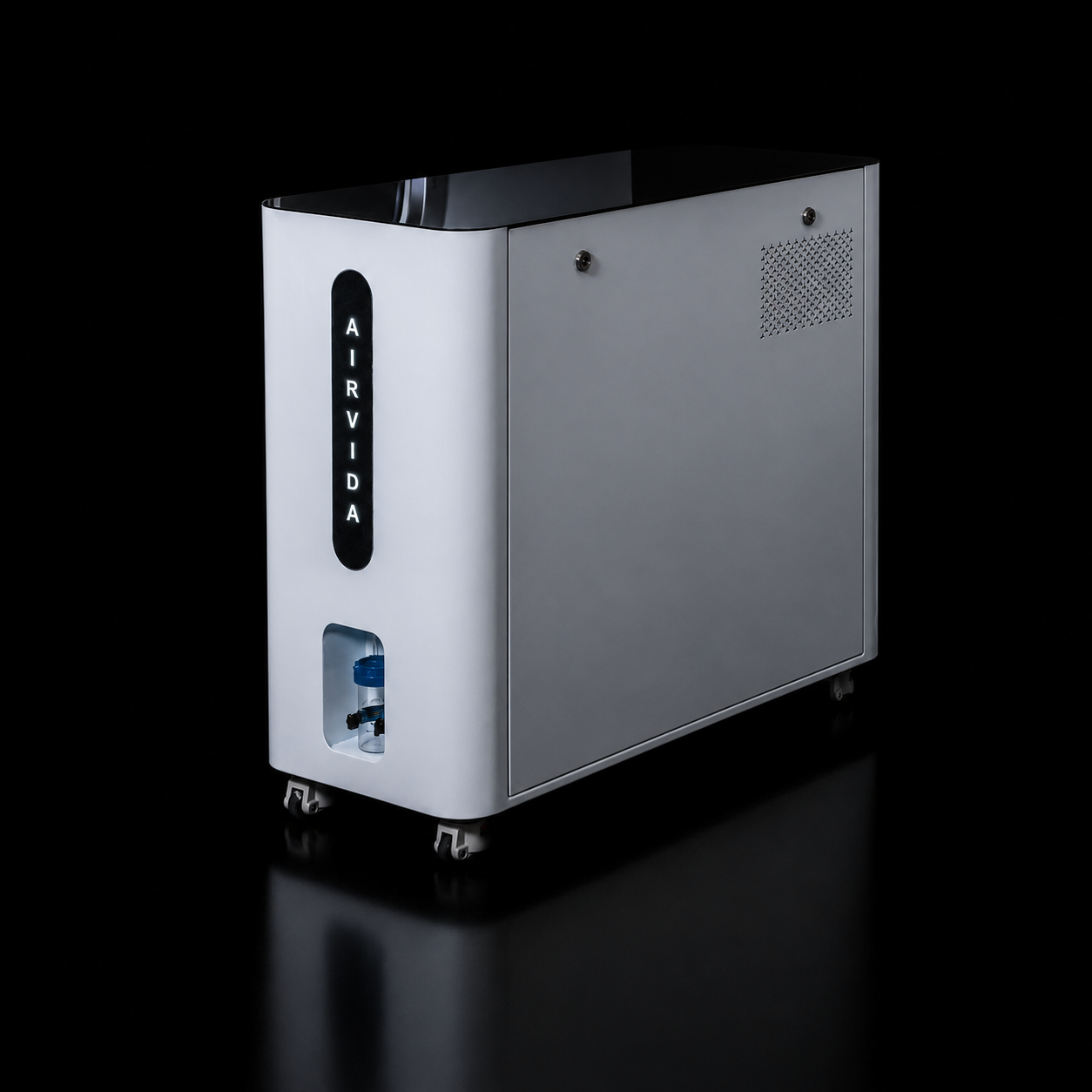 Airvida oxygen system unit on wheels with a sleek white and black design.