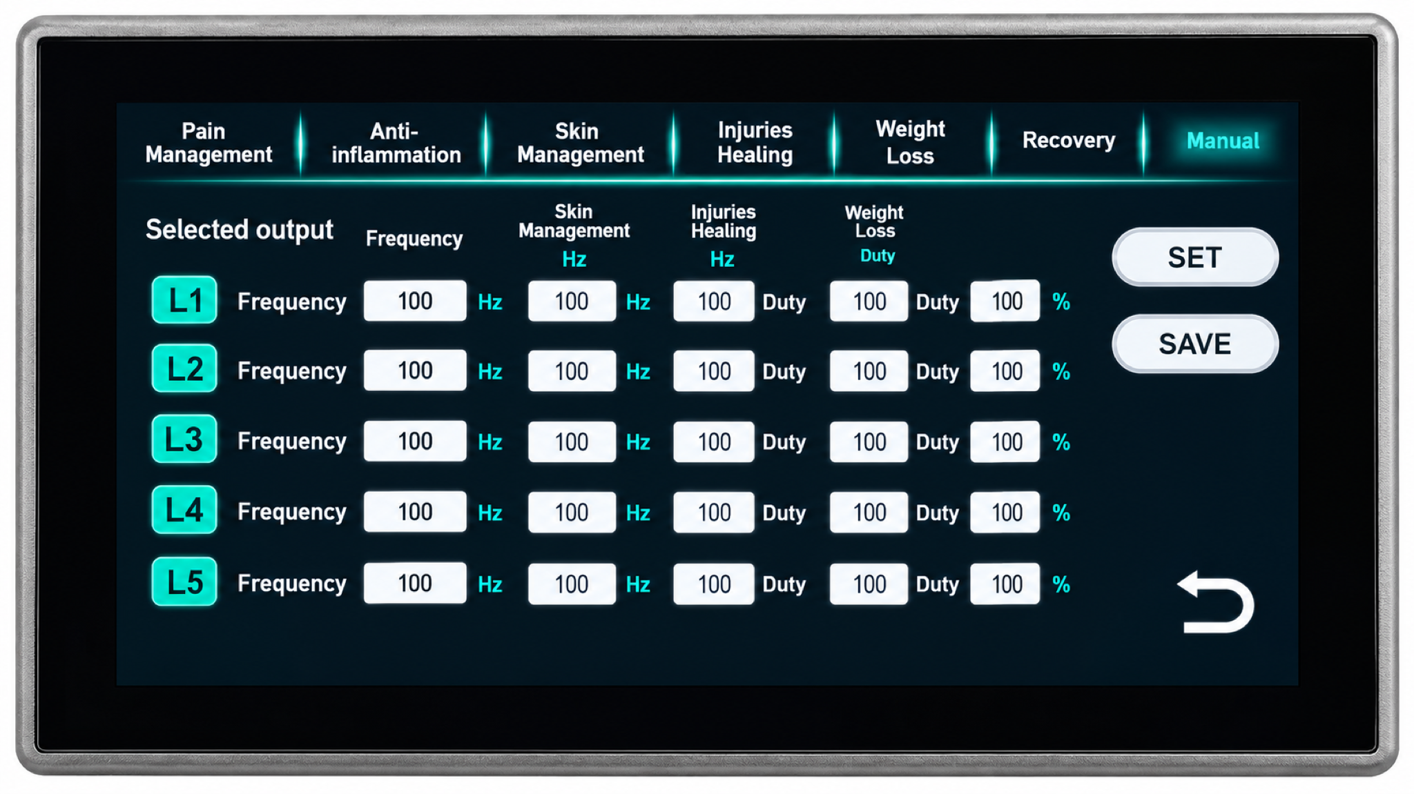 Touchscreen manual settings interface for red light therapy with adjustable frequency, duty cycle, and treatment mode controls.