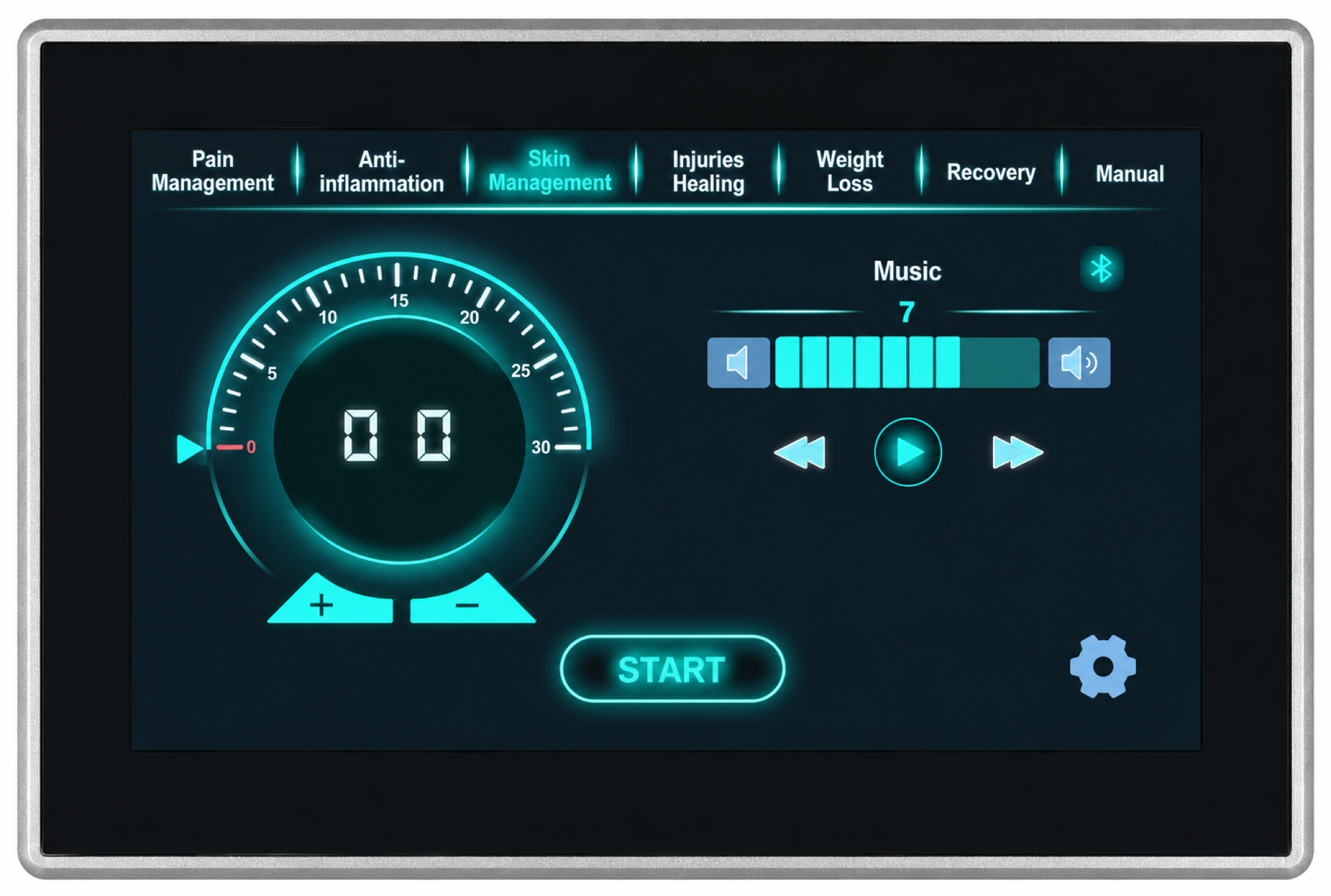 Touchscreen interface for red light therapy with treatment modes, timer, music controls, and session start button.