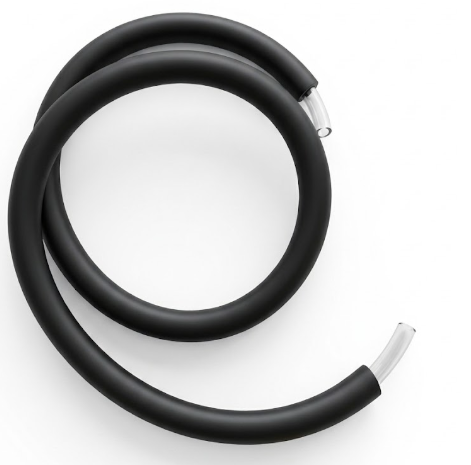 Black flexible hyperbaric chamber hose coiled neatly on a white background, featuring clear connector ends for secure airflow and oxygen system connections.