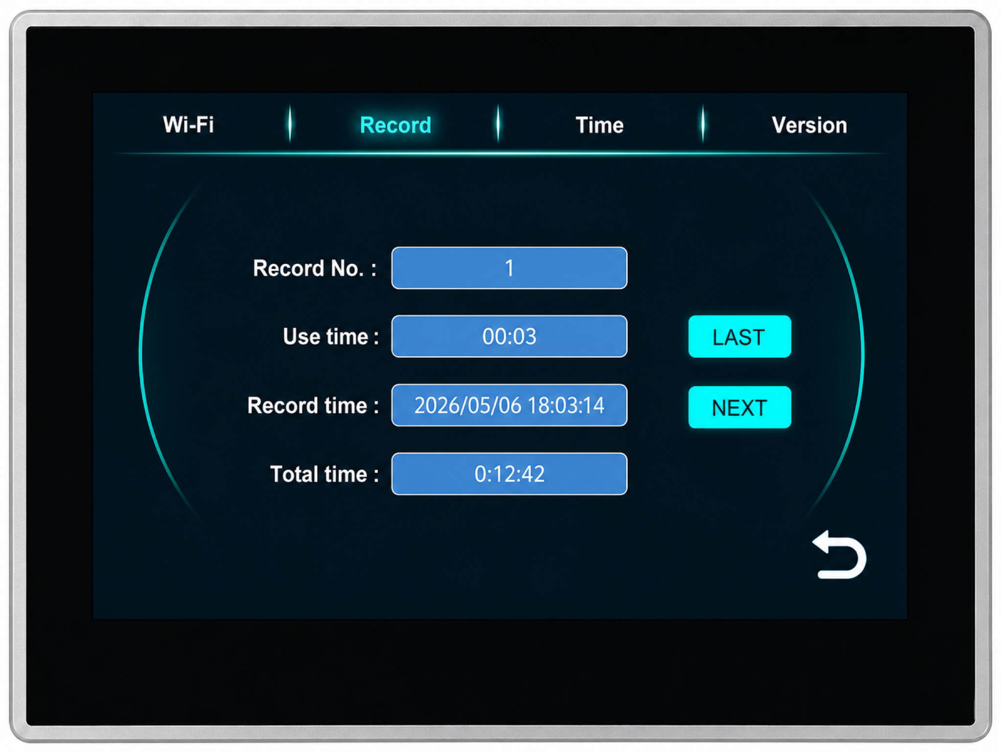 Touchscreen record history screen displaying session duration, record time, total time, and navigation controls.