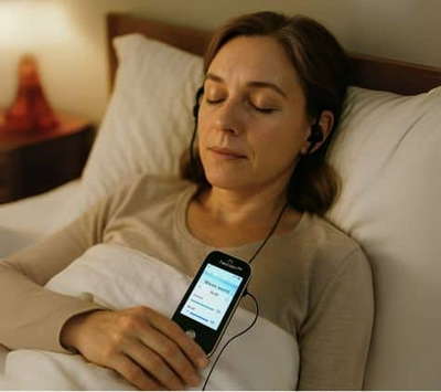 Woman lying in bed using Neurive Healaon Pro Vagus Nerve Stimulator, in a cozy bedroom setting.