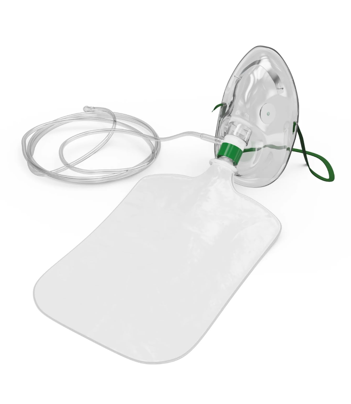 Clear oxygen mask with reservoir bag and flexible tubing, featuring green elastic straps and connector fittings for controlled supplemental oxygen delivery use.