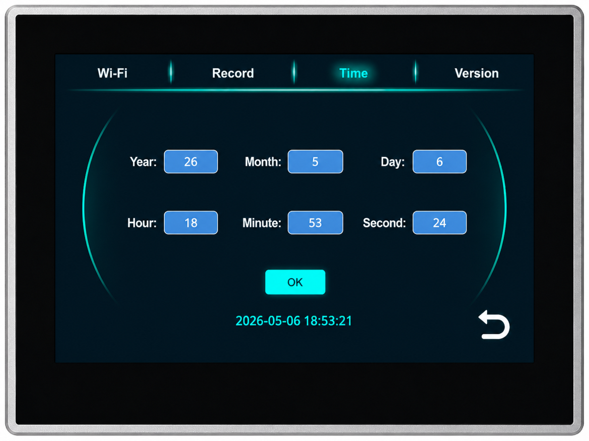 Touchscreen date and time settings screen with editable fields for year, month, day, hour, minute, and second.