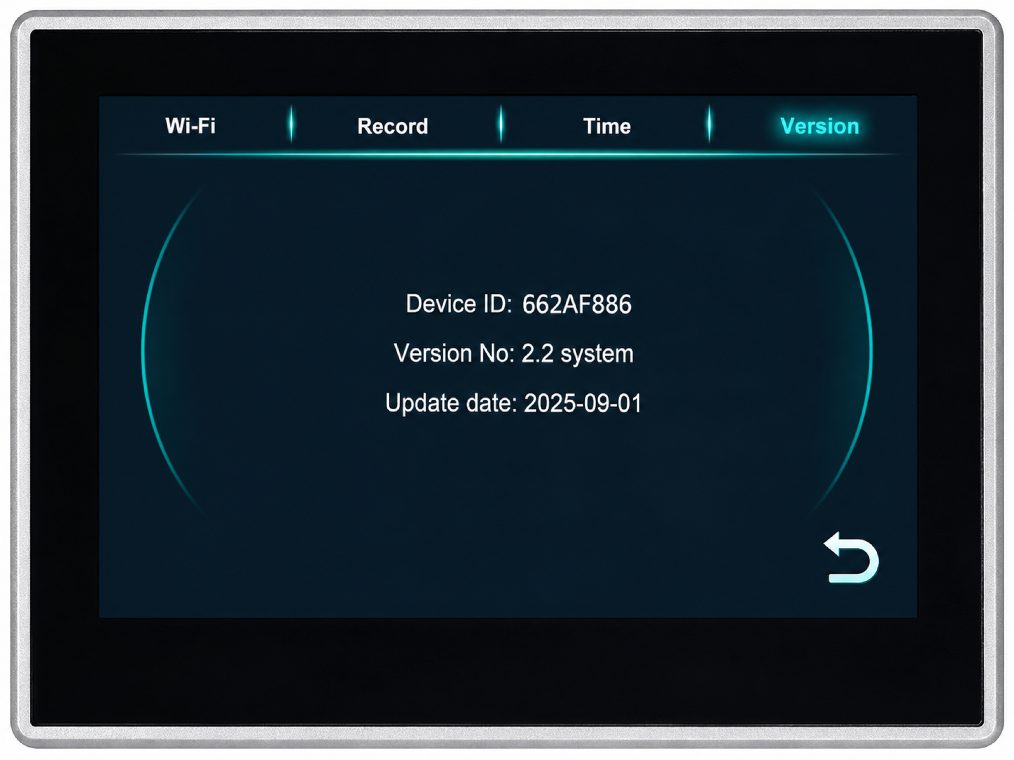 Touchscreen version information screen displaying device ID, software version, update date, and navigation menu tabs.