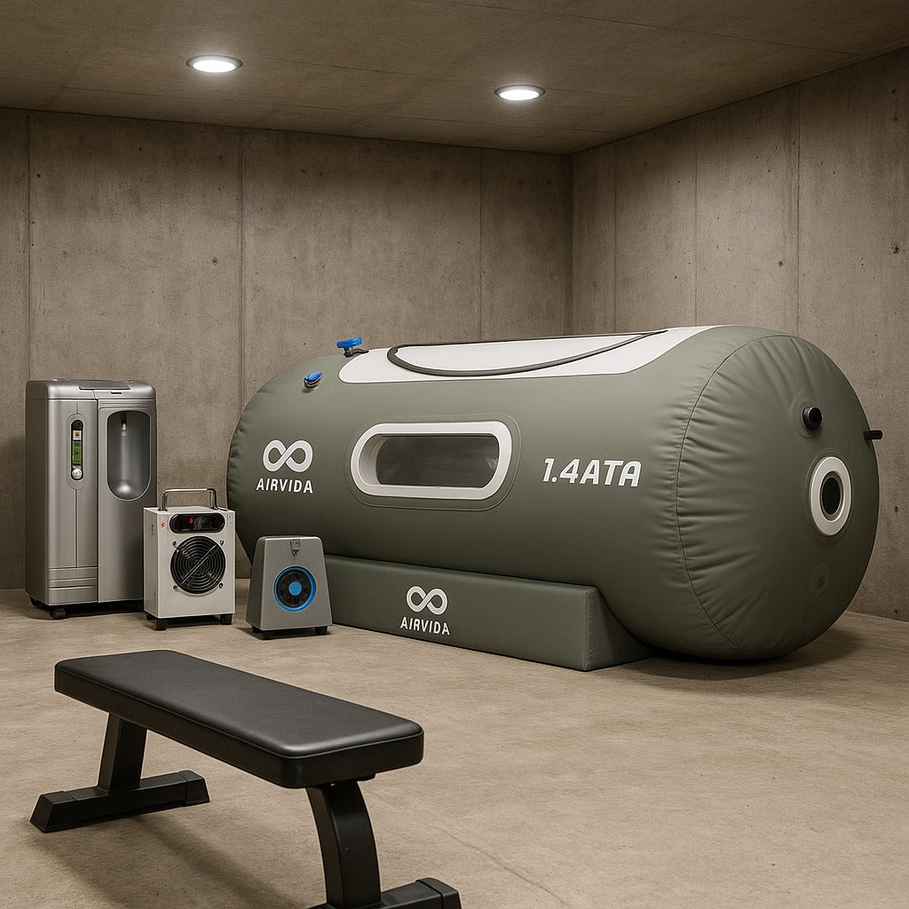 Large green 1.4 ATA Airvida hyperbaric chamber in a room with concrete walls and a black bench.
