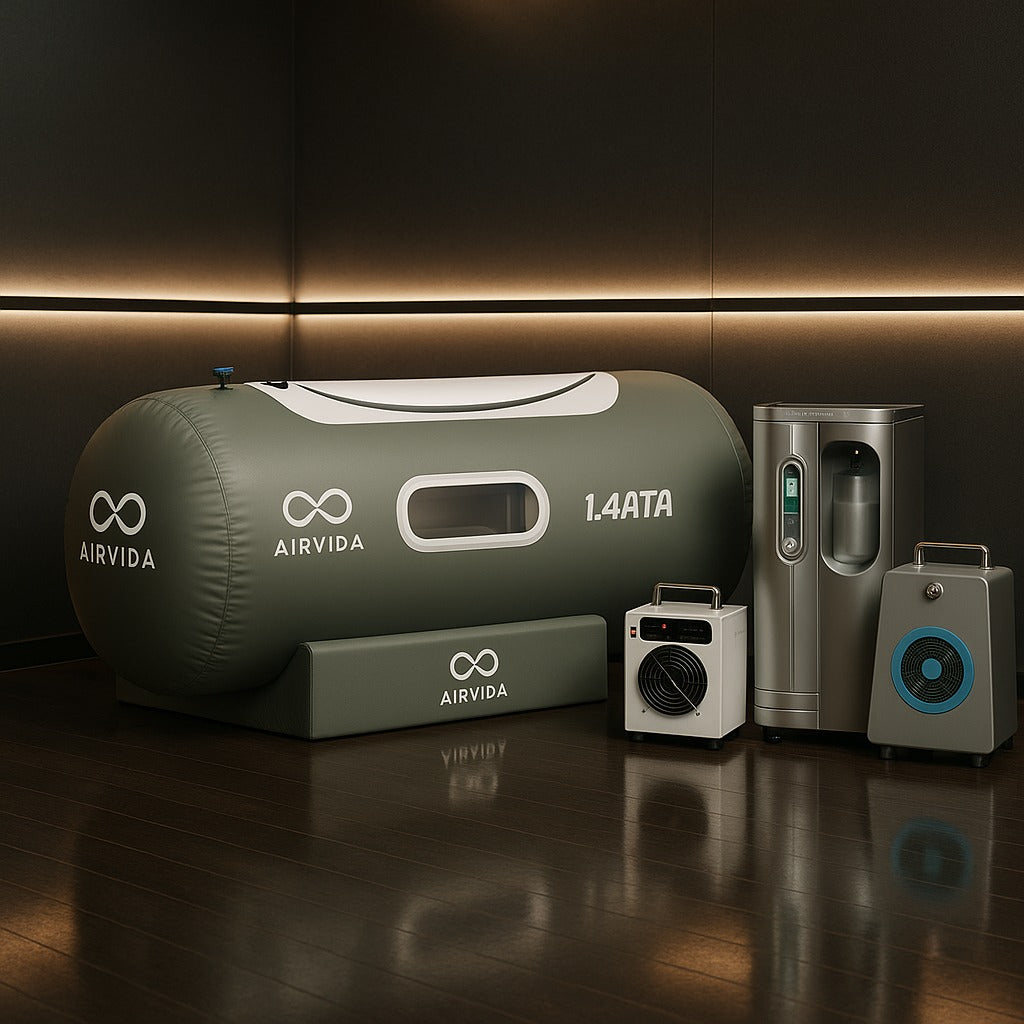 Airvida 1.4ATA Hyperbaric chamber with air purifier system on a wooden floor with a dark background