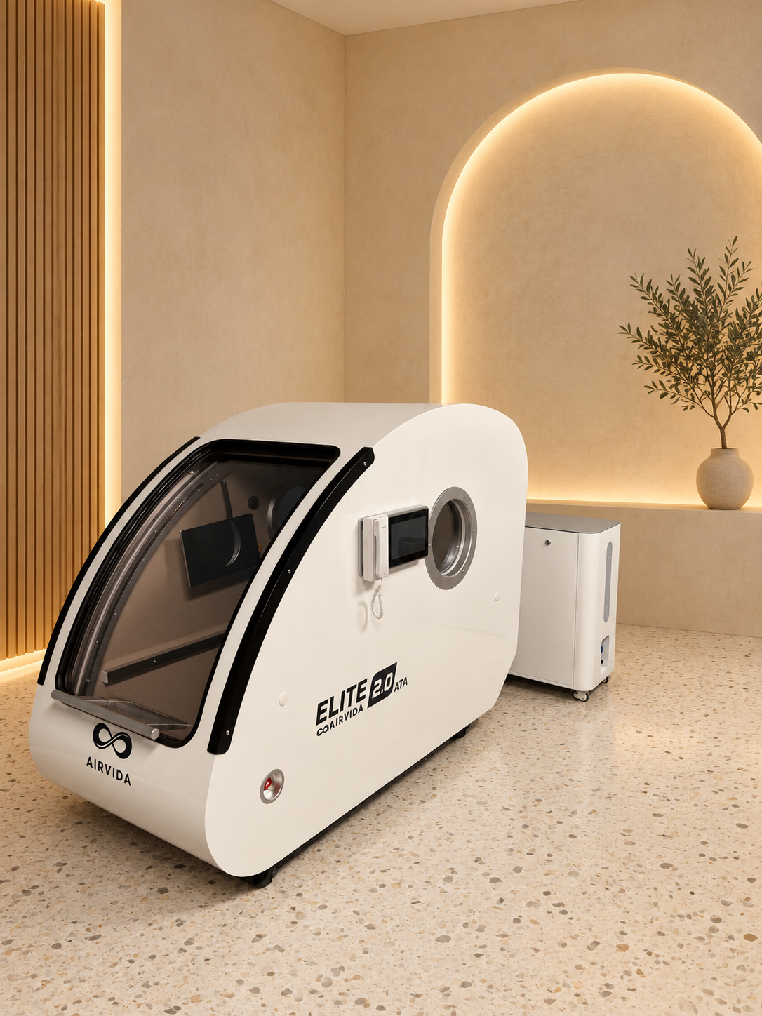 White Airvida Elite 2.0 hyperbaric chamber with oxygen system displayed in a warm modern wellness room featuring arched lighting, wood accents, and spa setting.