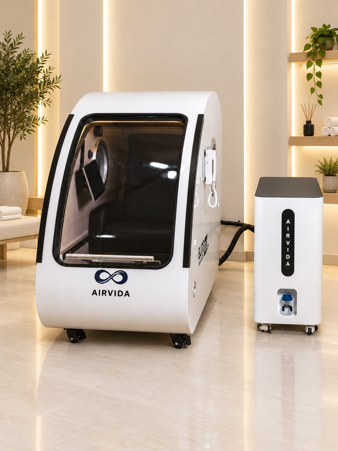 White Airvida hyperbaric chamber with clear front door and matching oxygen system displayed in a bright, modern wellness room with warm lighting and plants.