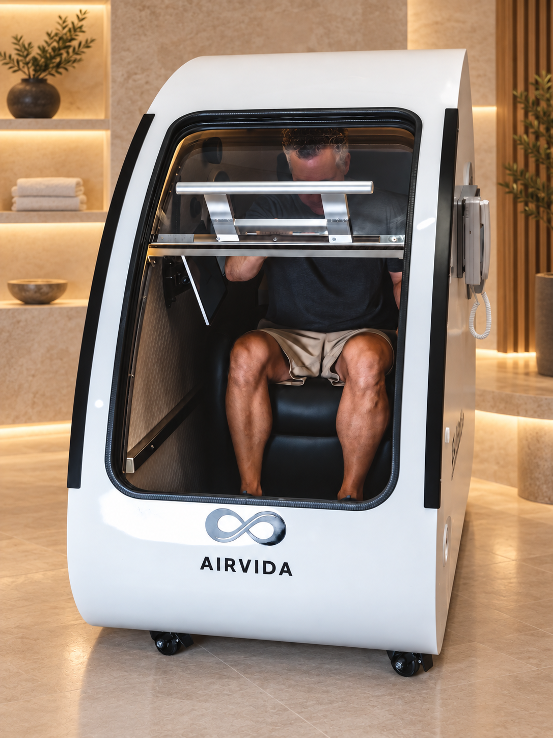 Man seated inside a white Airvida hyperbaric chamber, preparing for a wellness session in a modern spa setting with warm lighting, towels, and natural decor.