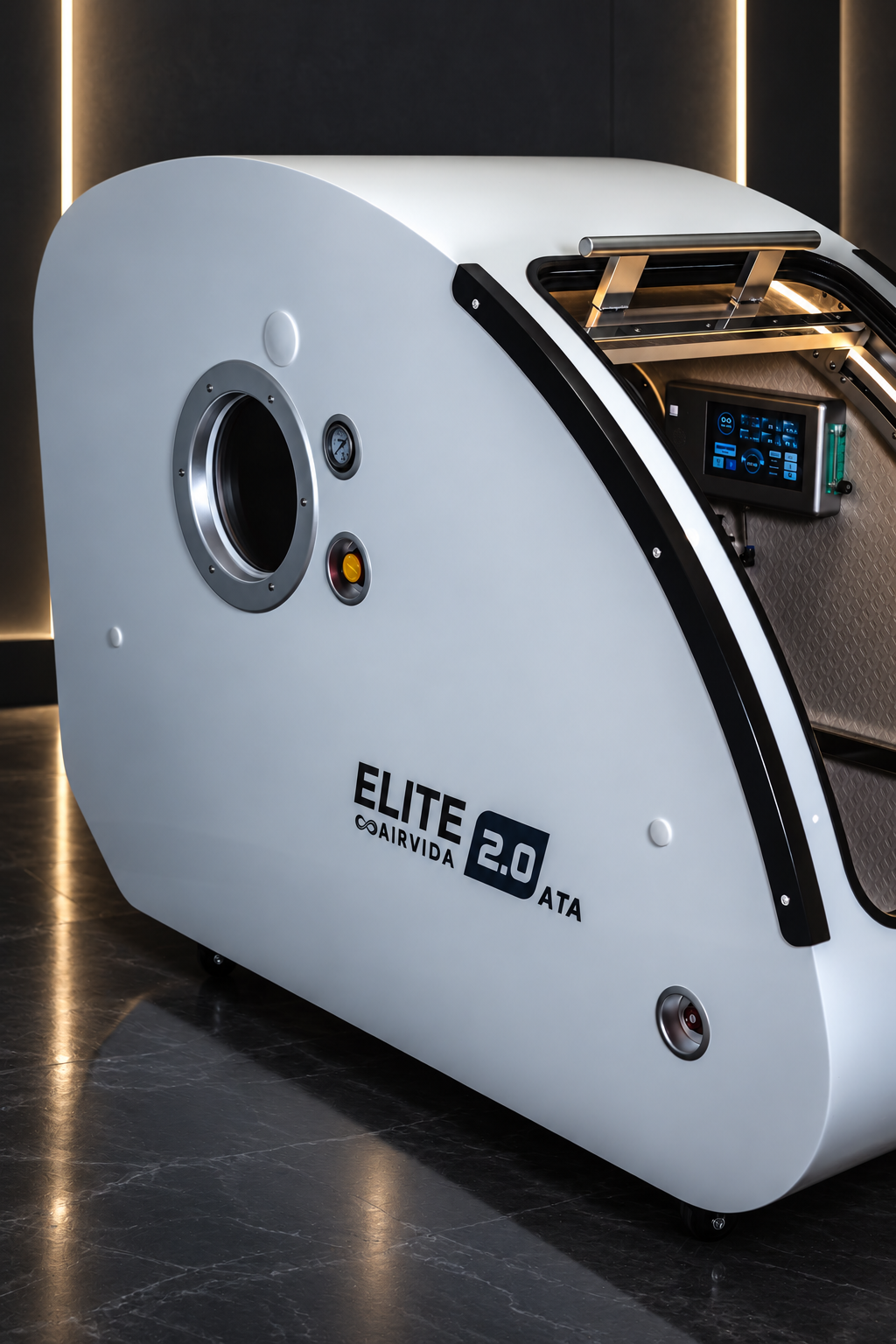 White Airvida Elite 2.0 ATA hyperbaric chamber side view with round access port, pressure gauge, digital controls, and curved door in a modern wellness space.