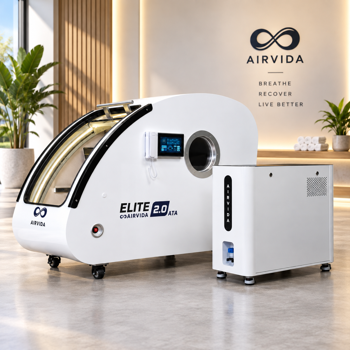 White Airvida Elite 2.0 ATA hyperbaric chamber with touchscreen and oxygen unit displayed in a bright modern wellness room with warm lighting and Airvida branding.