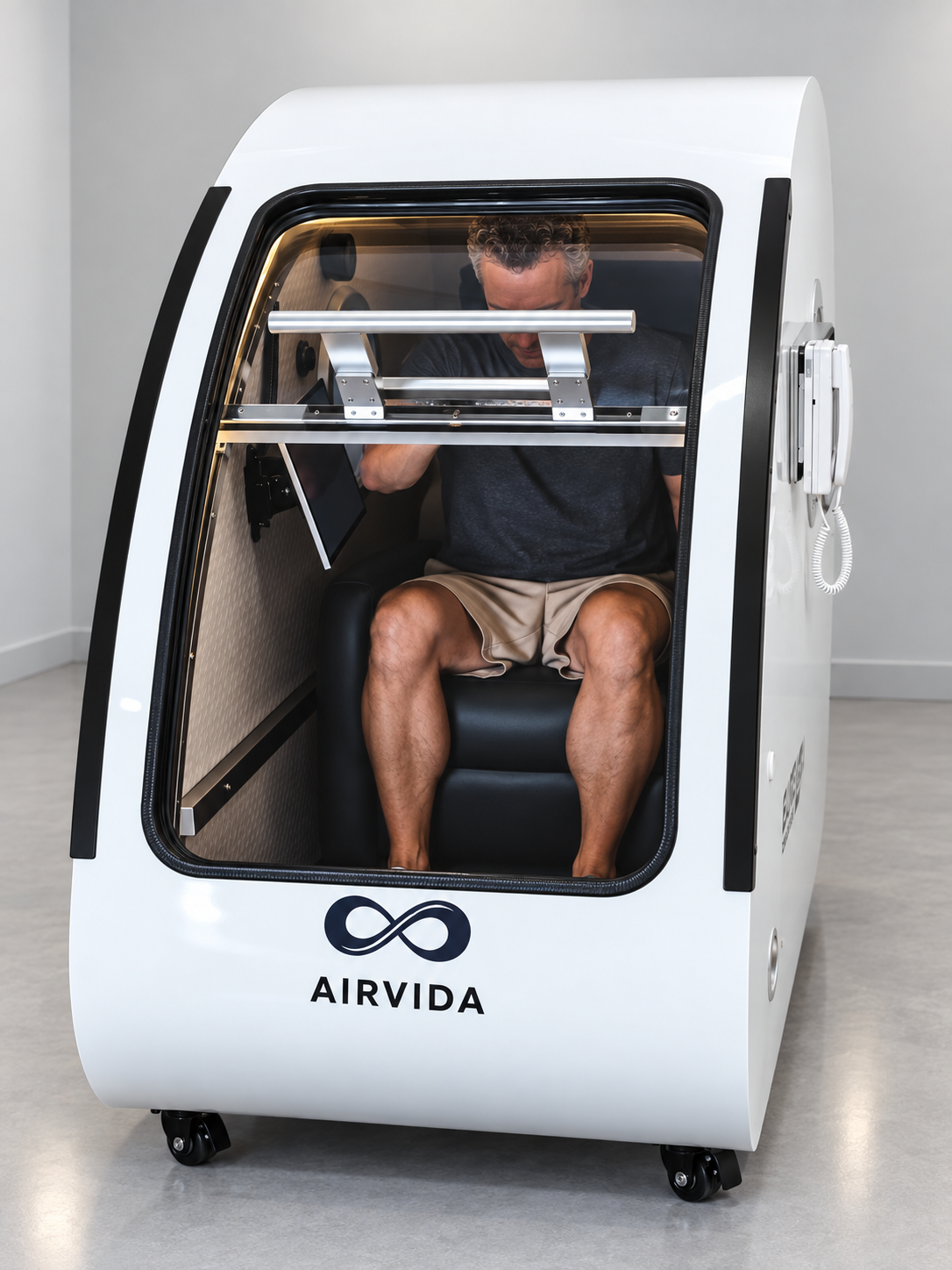 Man seated inside a white Airvida hyperbaric chamber with clear front door, cushioned seat, metal support bars and side controls in a clean wellness room.